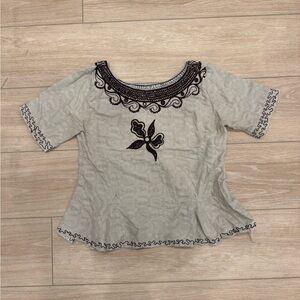 Y2K Vintage Artisan Embellished Embroidery Floral Neutral Flare Short Sleeve Top